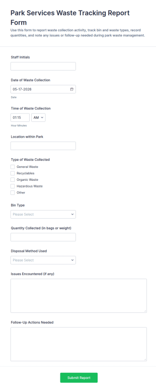 Park Services Waste Tracking Report Form Template