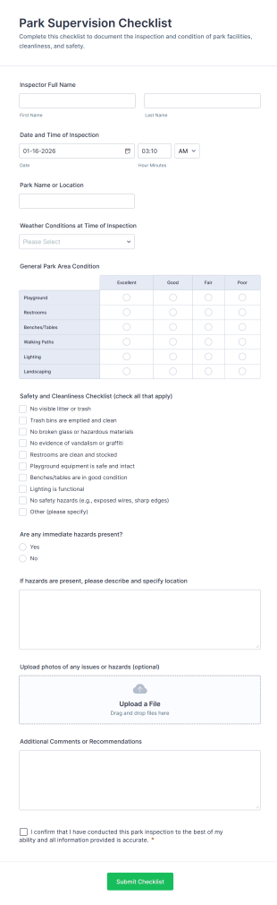Park Supervision Checklist Form Template