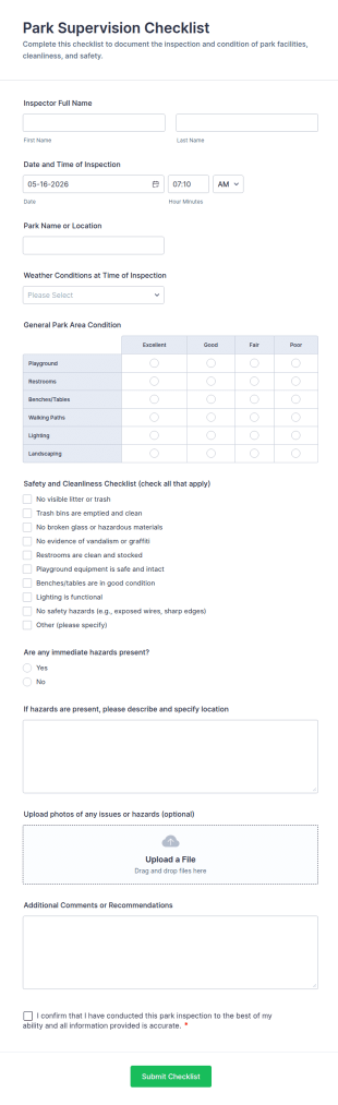 Park Supervision Checklist Form Template