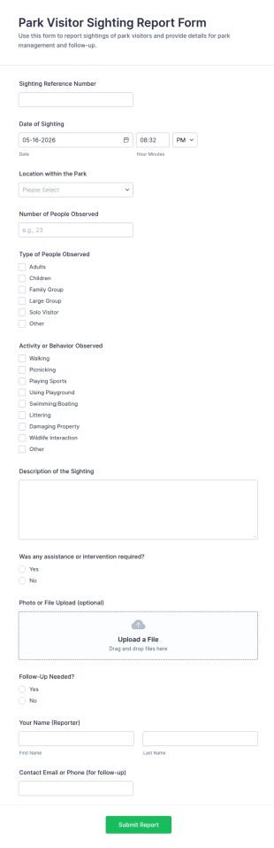 Park Visitor Sighting Report Form Template