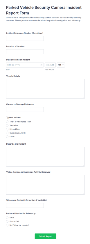 Parked Vehicle Security Camera Incident Report Form Template