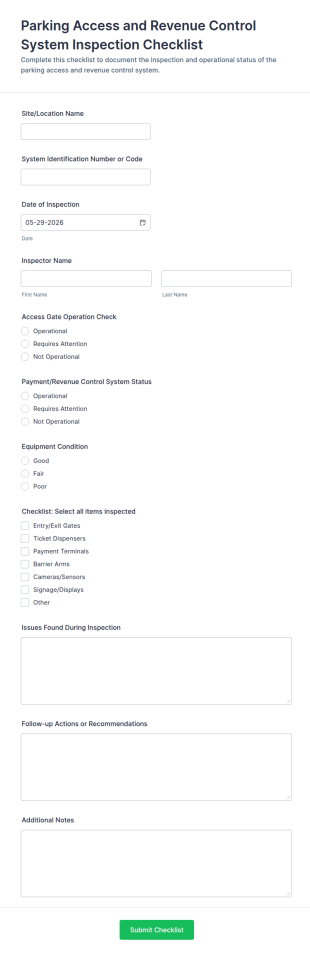 Parking Access And Revenue Control System Inspection Checklist Form Template