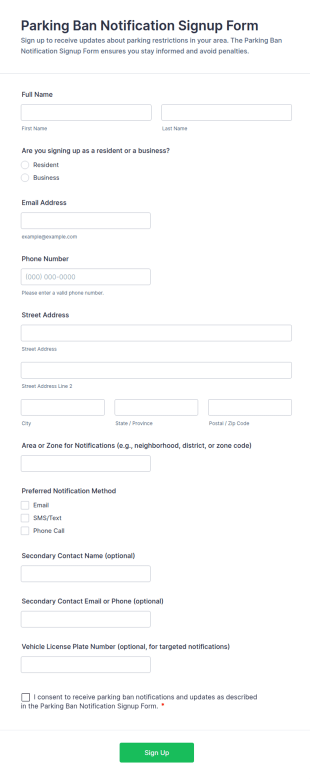 Parking Ban Notification Signup Form Template