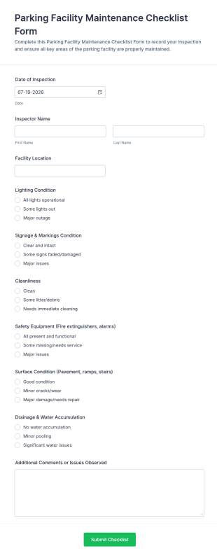 Parking Facility Maintenance Checklist Form Template