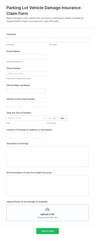 Parking Lot Vehicle Damage Insurance Claim Form Template