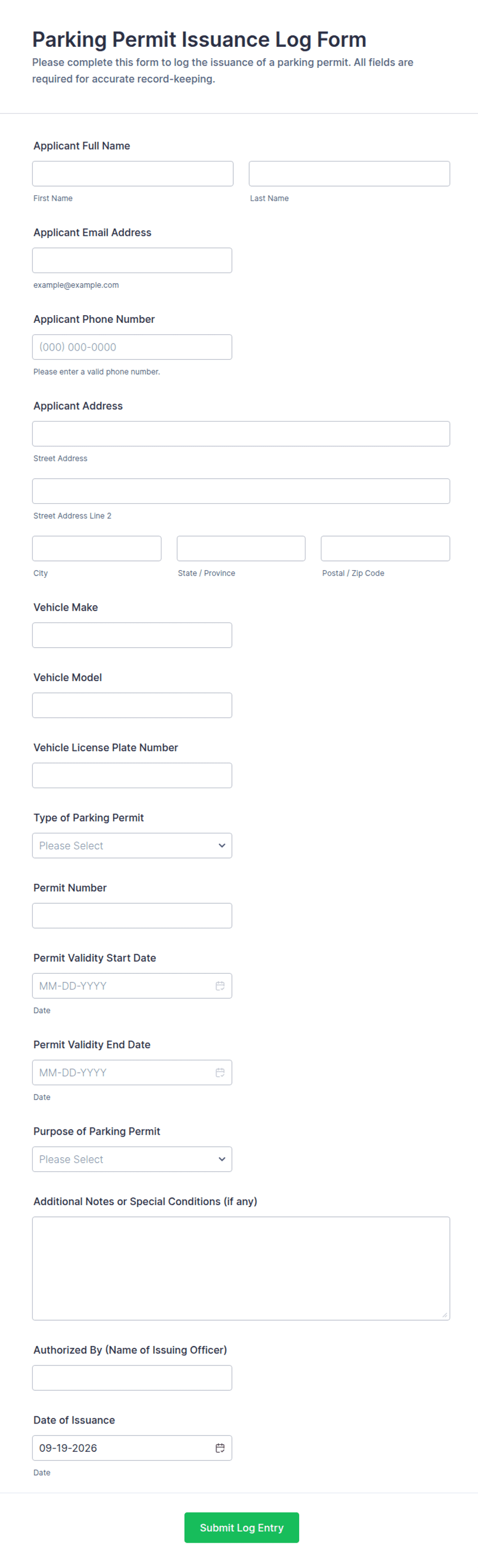 Parking Permit Issuance Log Form Template | Jotform