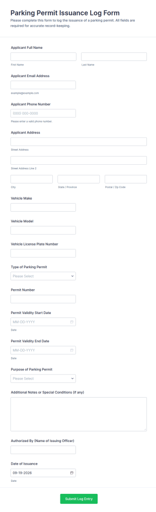 Parking Permit Issuance Log Form Template