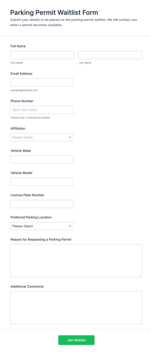Parking Permit Waitlist Form Template