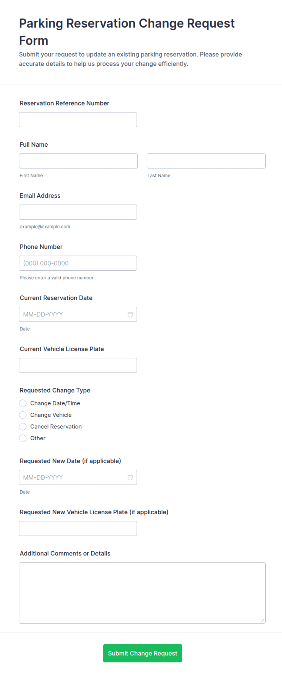 Parking Reservation Change Request Form Template | Jotform