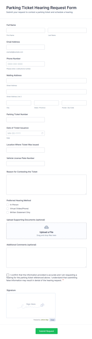 Parking Ticket Hearing Request Form Template