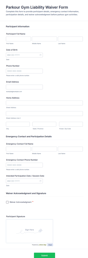 Parkour Gym Liability Waiver Form Template