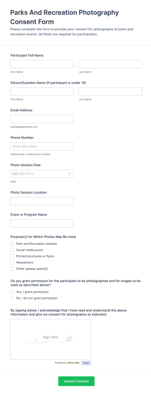 Parks And Recreation Photography Consent Form Template