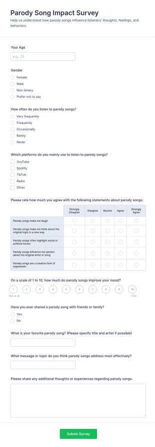 Parody Song Impact Survey Form Template