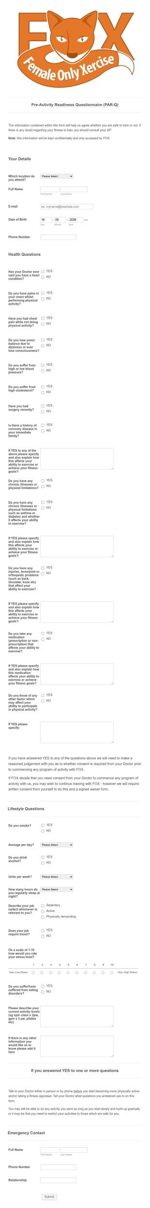 PARQ Form Template