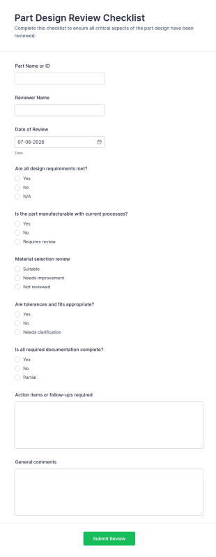 Part Design Review Checklist Form Template