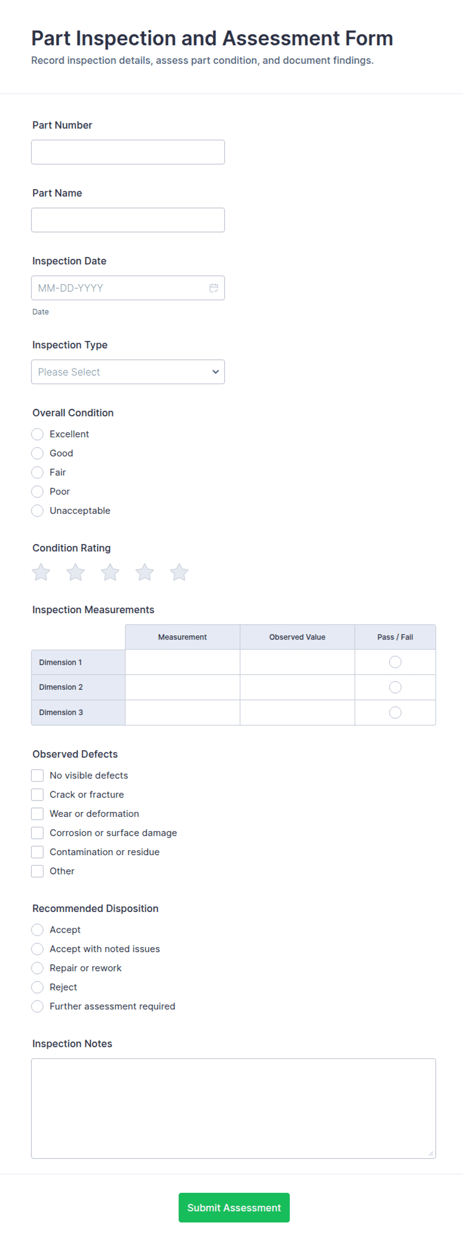 Part Inspection and Assessment Form Template | Jotform