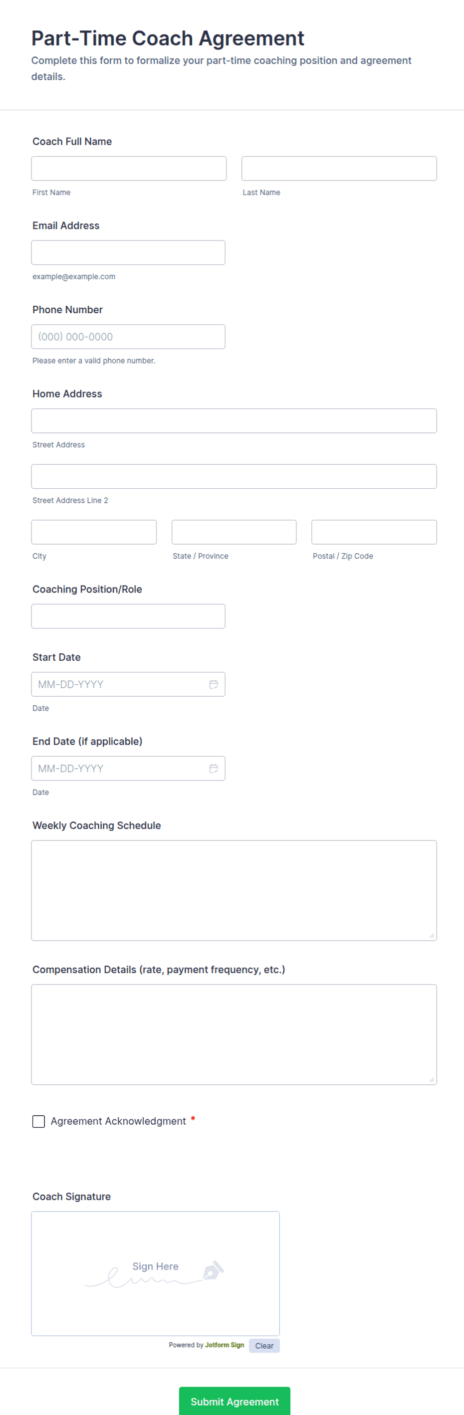 Part-Time Coach Agreement Form Template | Jotform
