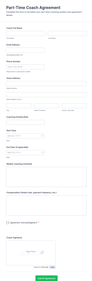 Part Time Coach Agreement Form Template