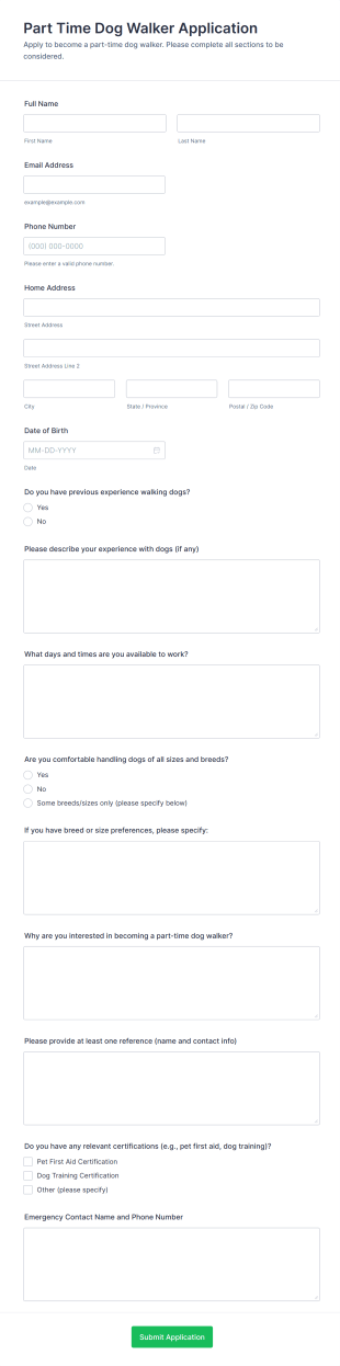 Part Time Dog Walker Application Form Template