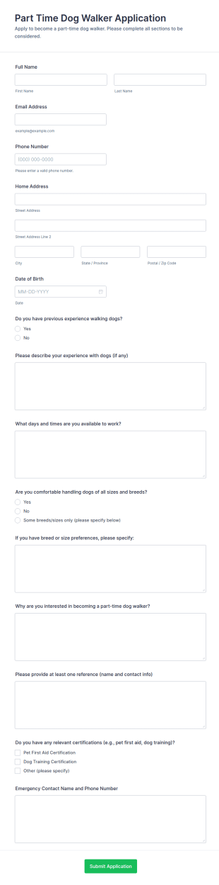 Part Time Dog Walker Application Form Template