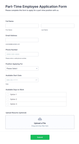 Part Time Employee Application Form Form Template