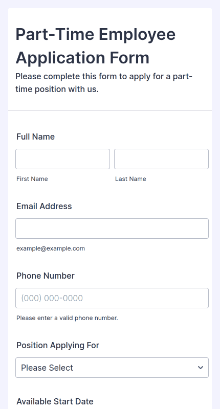 Part Time Employee Application Form
