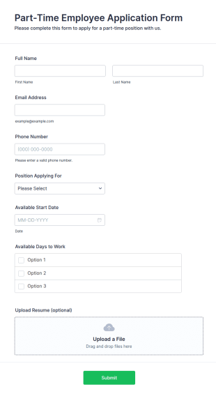 Part Time Employee Application Form Template