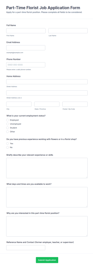Part Time Florist Job Application Form Template