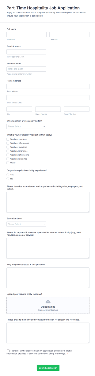 Part Time Hospitality Job Application Form Template