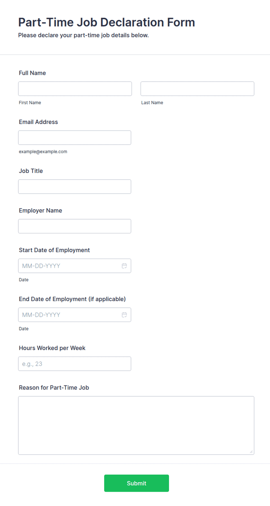 Declaration Format For Job Part-Time Job Declaration Form Template | Jotform