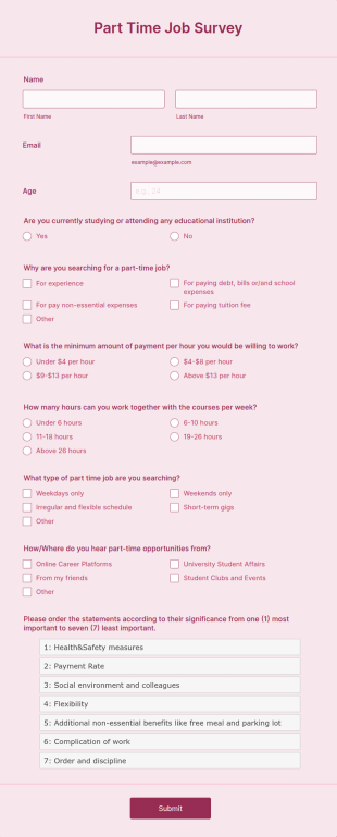 Part Time Job Survey Form Template