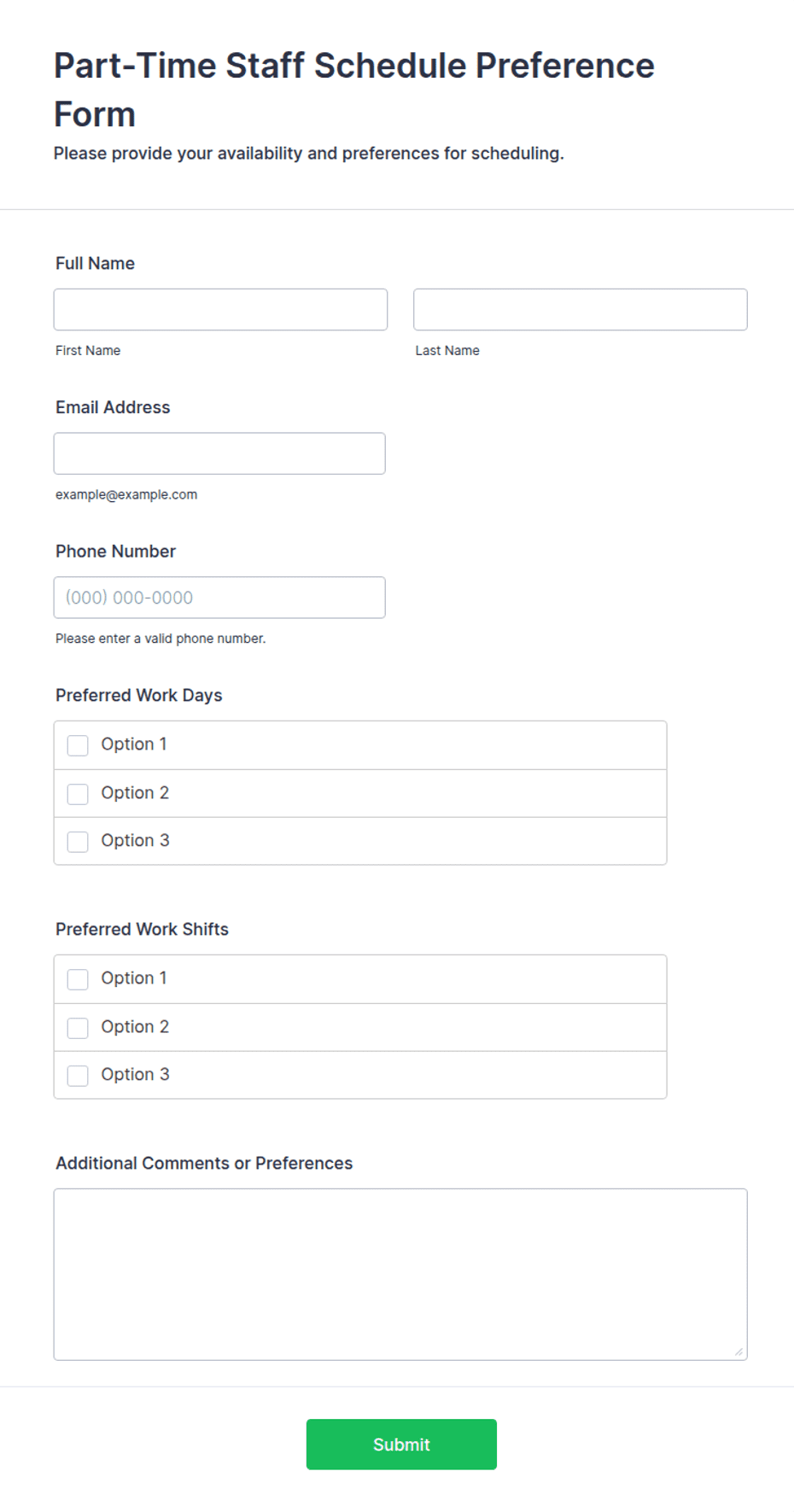 Part-Time Staff Schedule Preference Form Template | Jotform