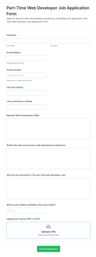 Part Time Web Developer Job Application Form Template