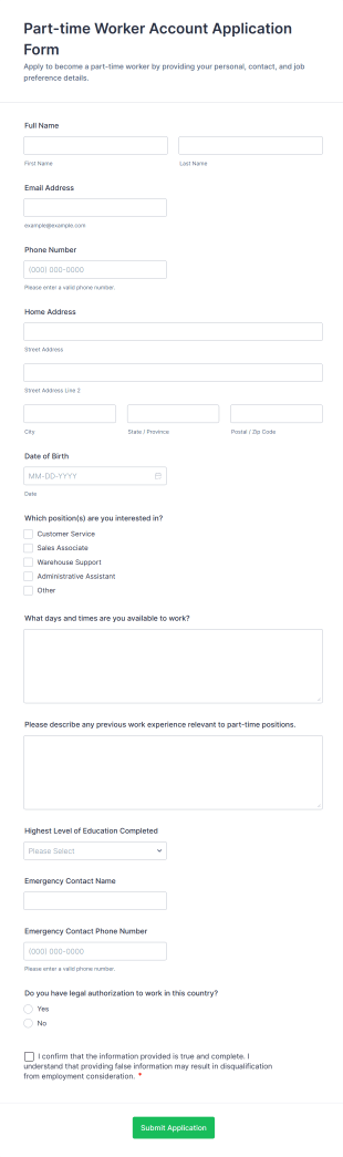 Part Time Worker Account Application Form Template