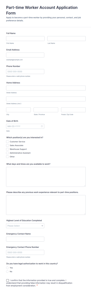 Part Time Worker Account Application Form Template