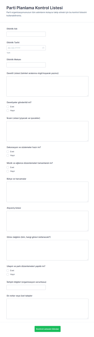 Parti Planlama Kontrol Listesi Form Şablonu