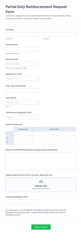 Partial Duty Reimbursement Request Form Template
