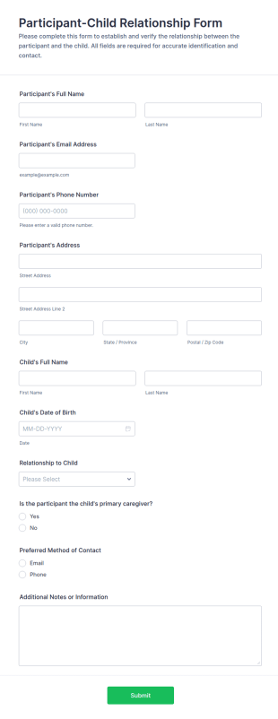 Participant Child Relationship Form Template
