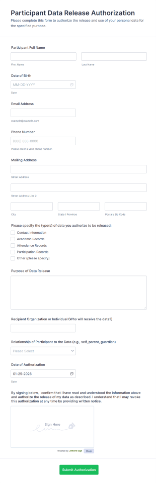 Participant Data Release Authorization Form Template