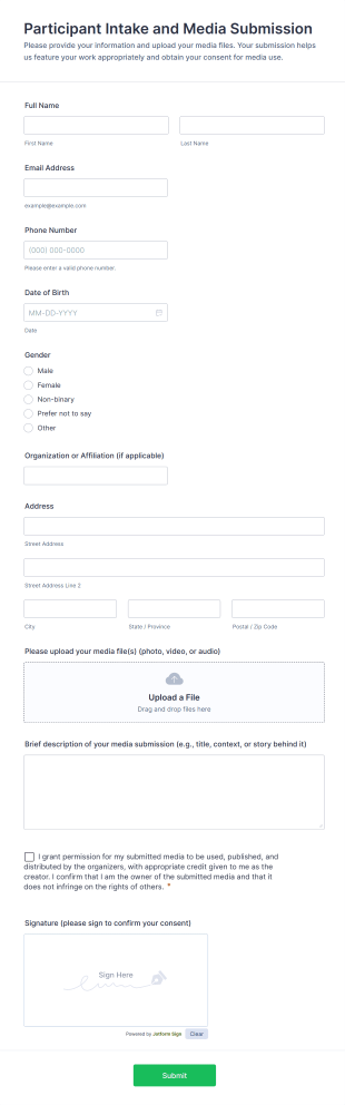Participant Intake And Media Submission Form Template