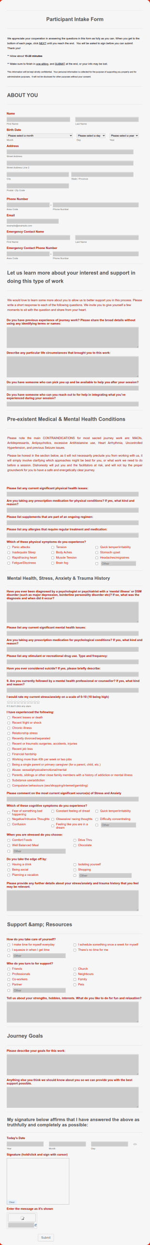 Participant Intake Form Template