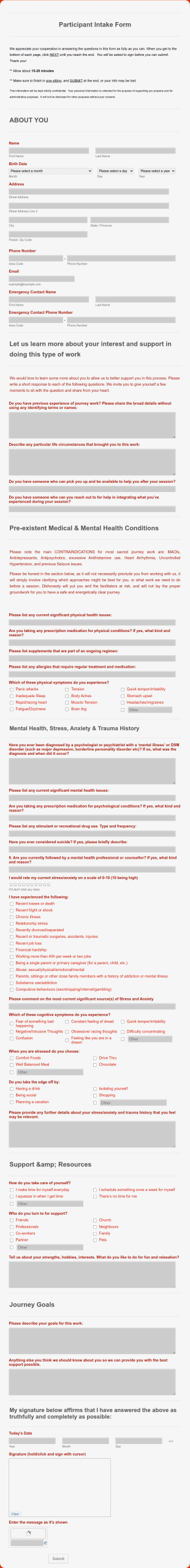 Participant Intake Form Template