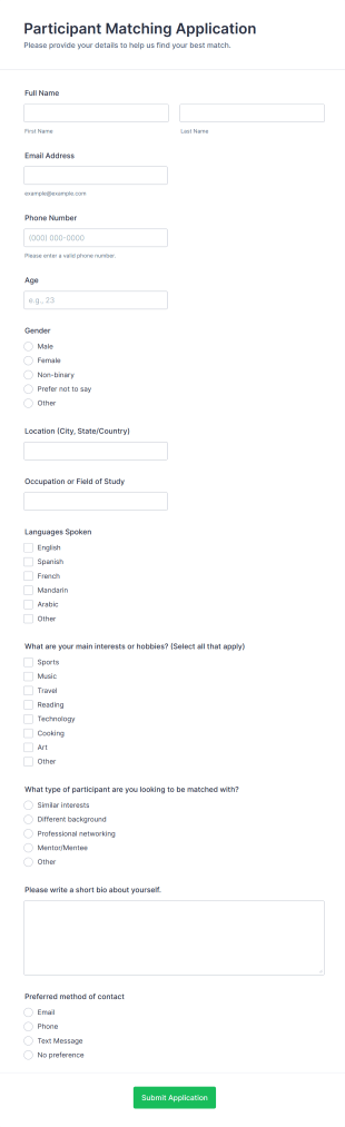 Participant Matching Application Form Template