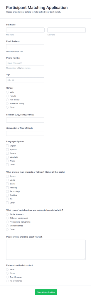 Participant Matching Application Form Template
