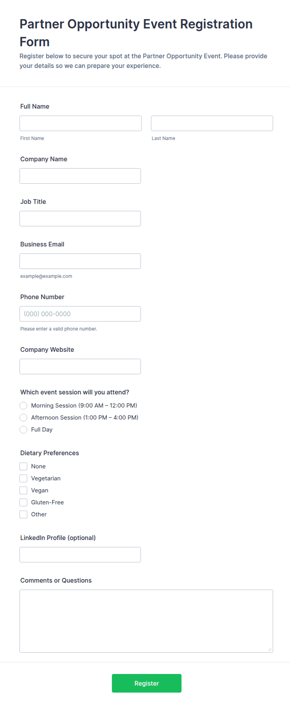 Partner Opportunity Event Registration Form Template | Jotform