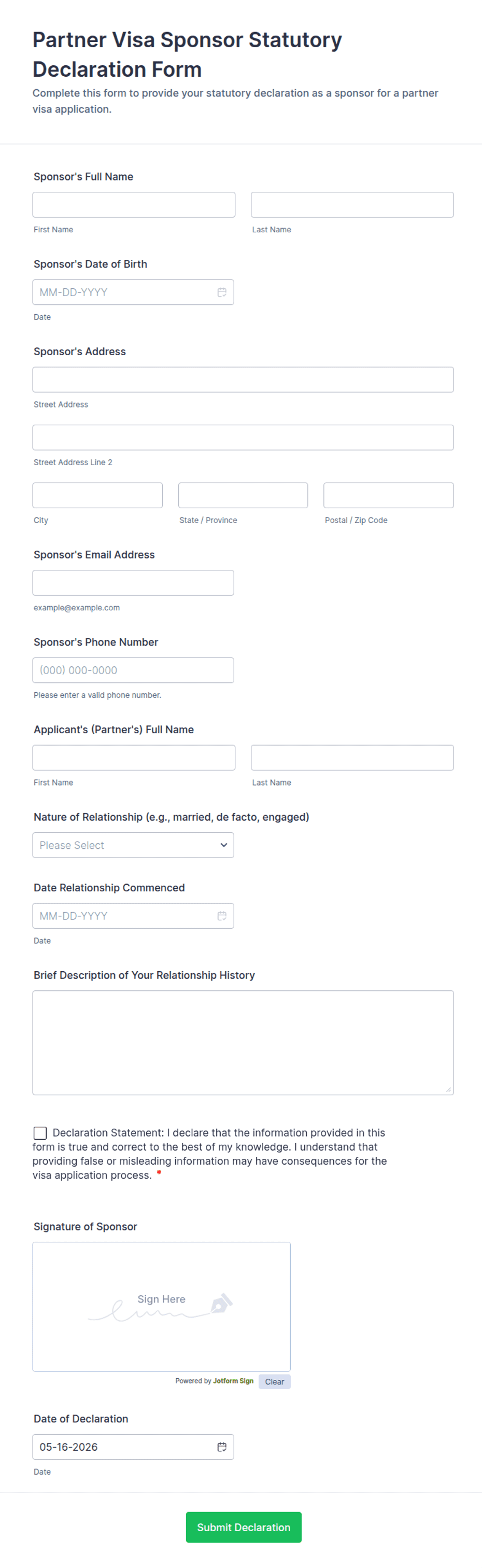 Udi Sponsor Form.pdf Partner Visa Sponsor Statutory Declaration Form Template | Jotform