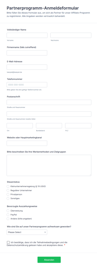 Partnerprogramm Anmeldeformular
