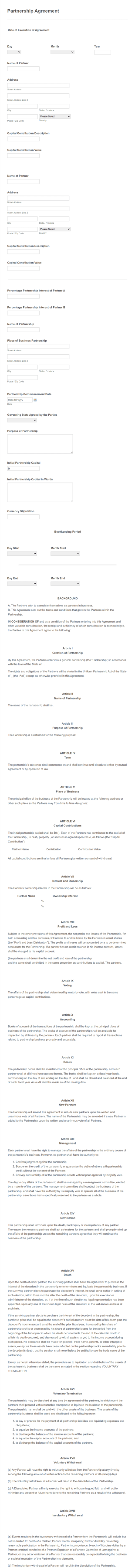 Partnership Agreement Template Form Template