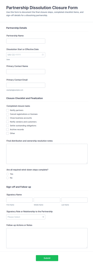 Partnership Dissolution Closure Checklist Form Template