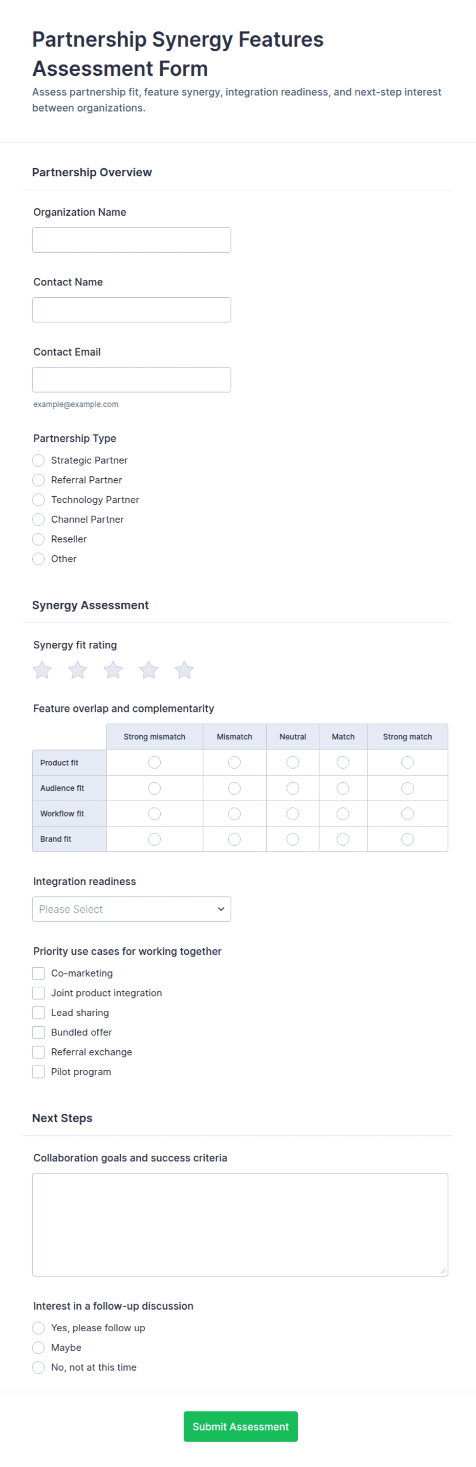 Partnership Synergy Features Assessment Form Template | Jotform